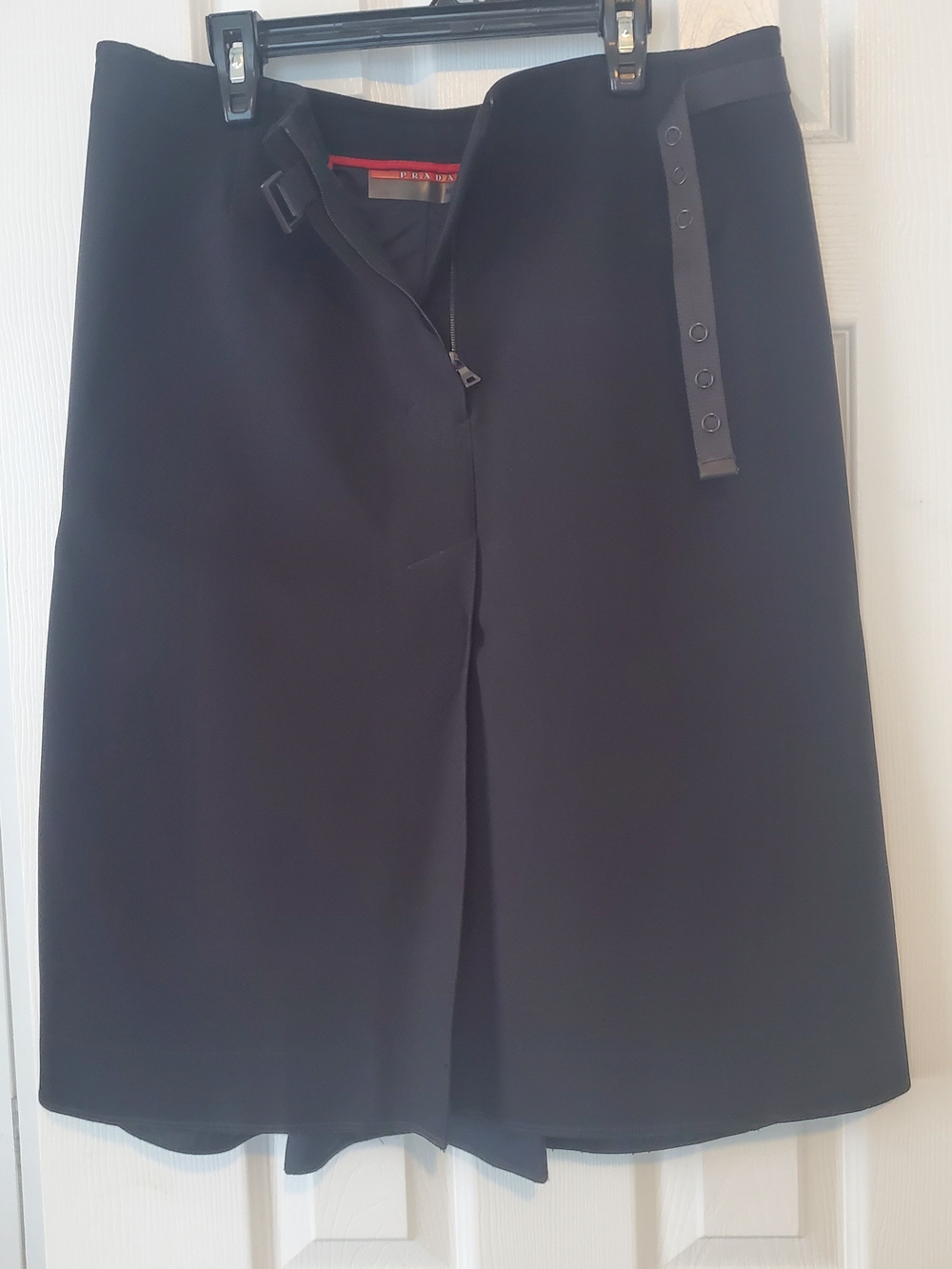 Prada Linnea Rossa Black A-Line Skirt with Side Buckle Detail